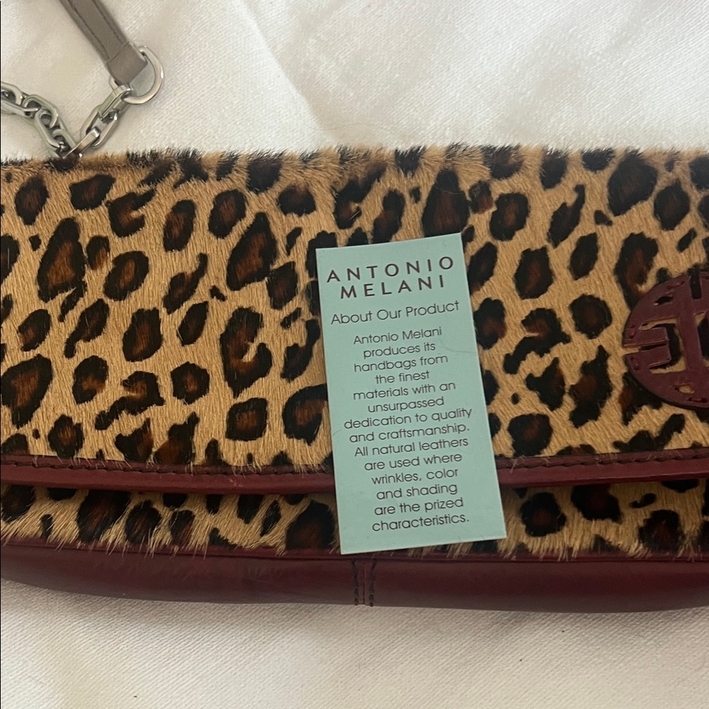 NWT Antonio Melani Animal Print Clutch or Crossbody with wine Accents